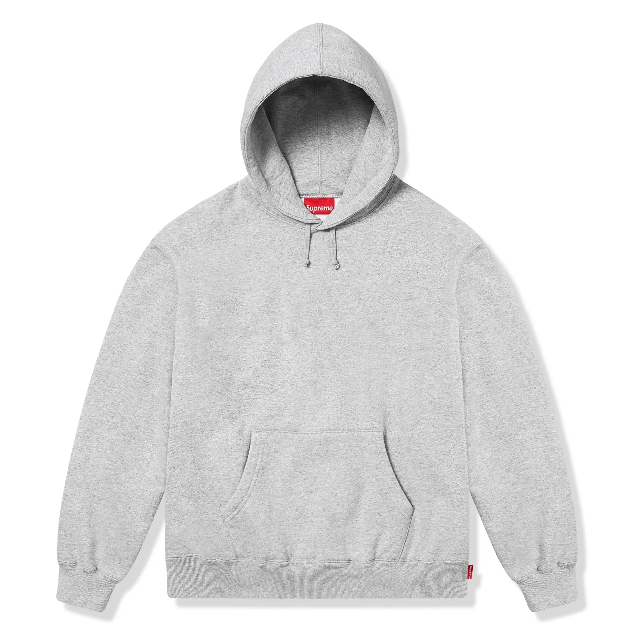 Front View of Supreme Satin Appliqué Heather Grey Hoodie & Sweatpants (FW25) FW25SW77-HEATHER GREY | FW25P93- HEATHER GREY